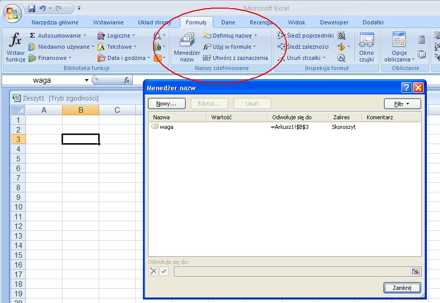 Menu do zarządzania nazwami komórek
