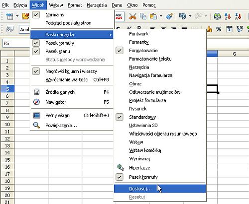 otwieranie opcji dostosuj w Calc (open office)