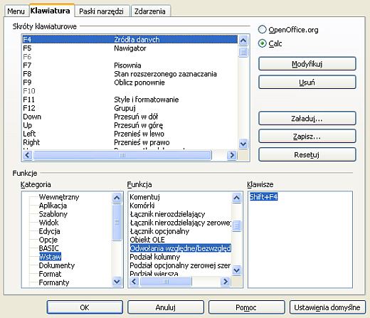 zmiana skrótów klawiaturowych w Calc (open office)